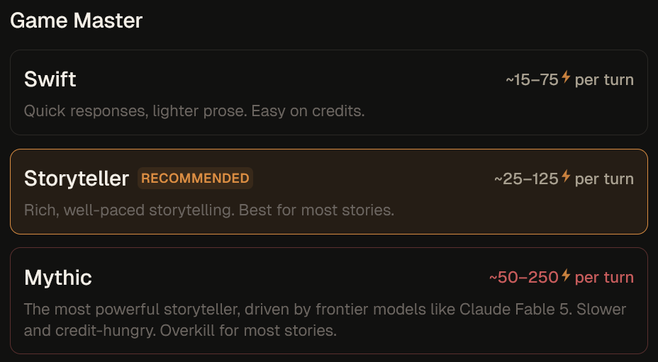 Game Master picker showing Swift, Storyteller, and Mythic