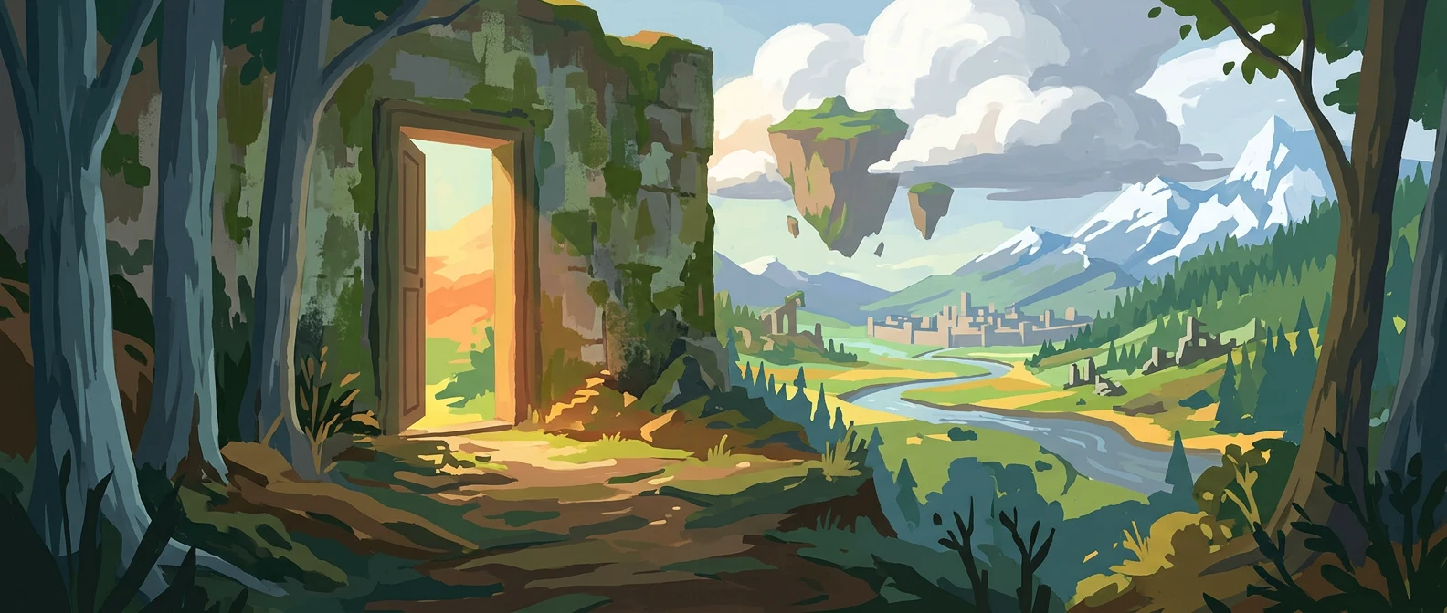 A glowing doorway in an ancient forest ruin opening onto a vast fantasy world