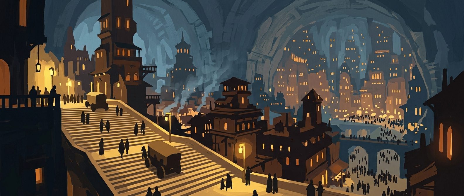 A painted underground city glowing with lantern light, generated in a FreedomRPG game