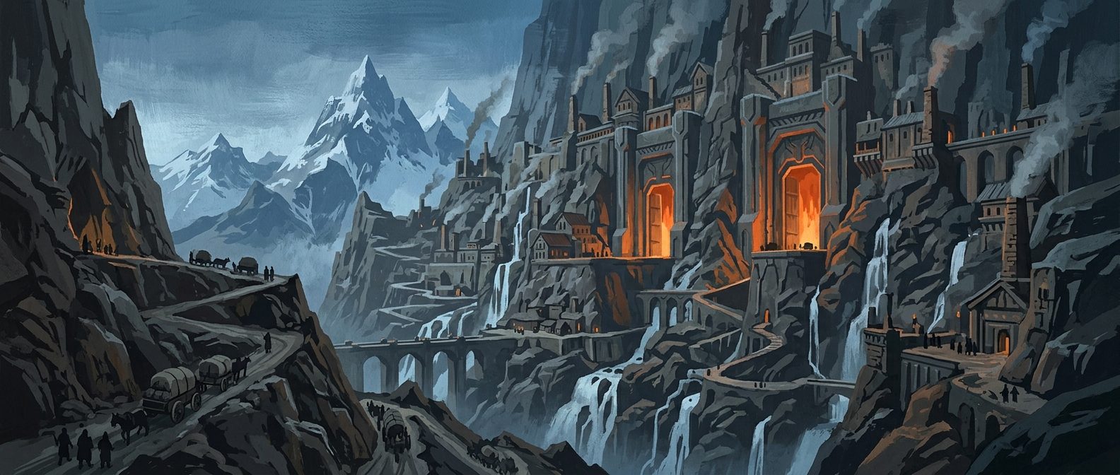 A painted dwarven mountain city with forge-lit gates, generated in a FreedomRPG game