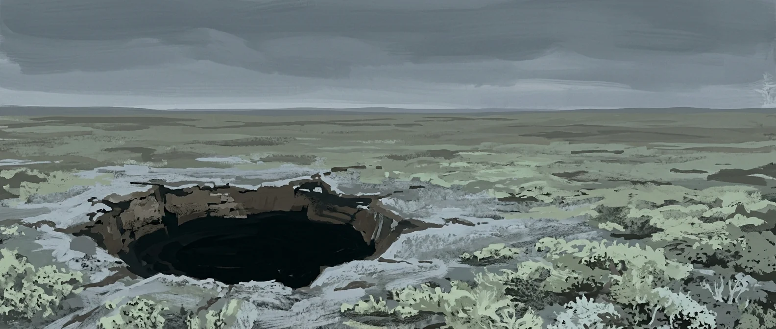 A painted black pit opening in a pale tundra beneath a dark grey sky