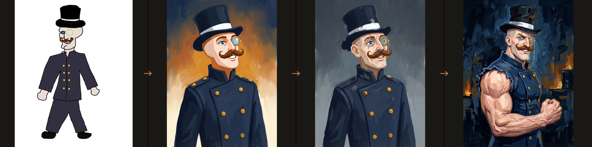 Four panels: the sketch, the level 1 portrait, the weathered level 5 portrait, and the level 30 portrait