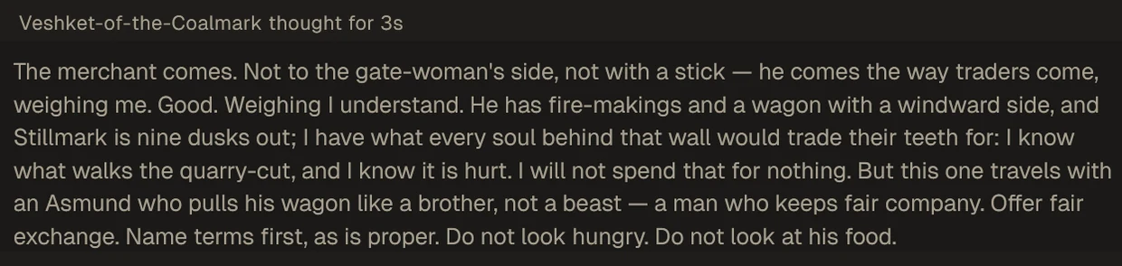 An NPC's private inner monologue from a real game: a wary trader-creature weighing a merchant, ending "Do not look hungry. Do not look at his food."