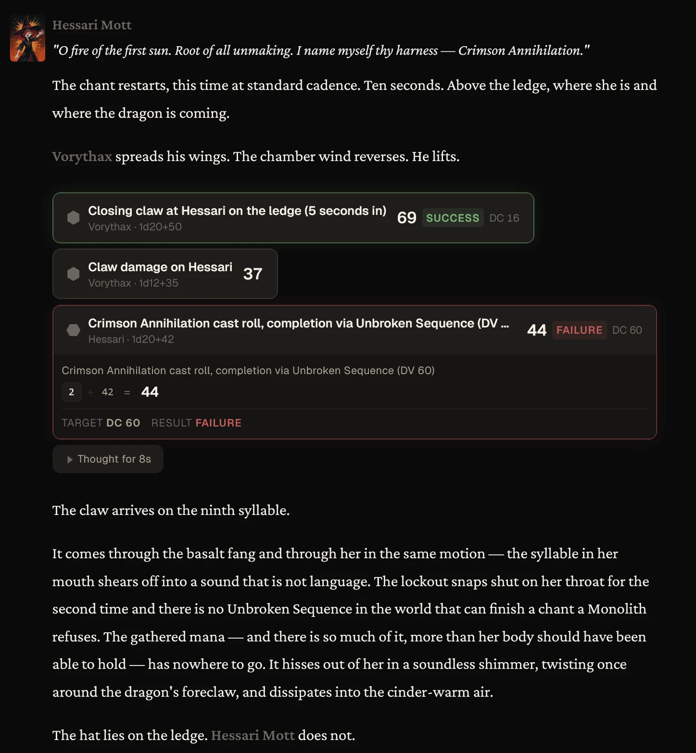 A FreedomRPG combat sequence: a dragon's claw attack succeeds, a player character's spell cast rolls 44 against difficulty 60 and fails, and the story kills the character on the failed roll