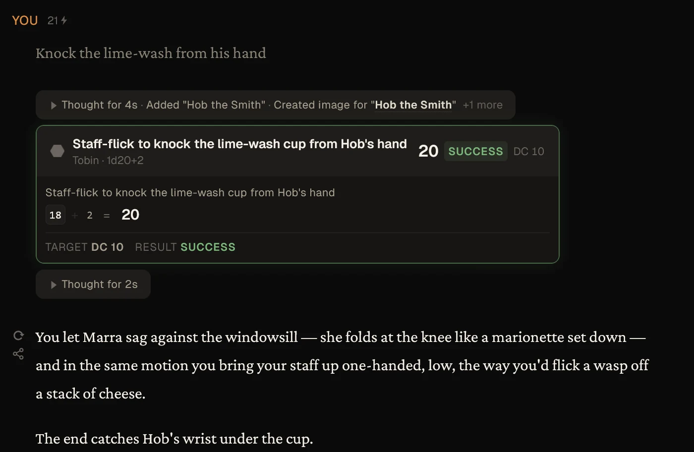 A FreedomRPG turn: the player's action triggers a d20 roll shown with its full breakdown, 18 plus 2 against difficulty 10, alongside the GM's visible actions adding a new character to the world