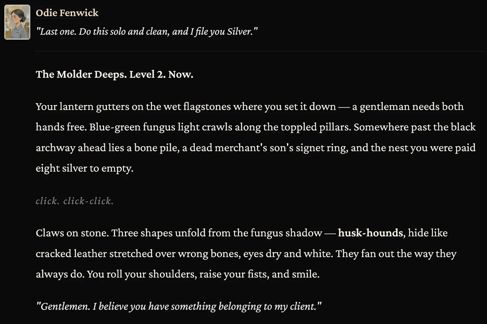 A solo dungeon contract in the Molder Deeps, husk-hounds emerging from the dark