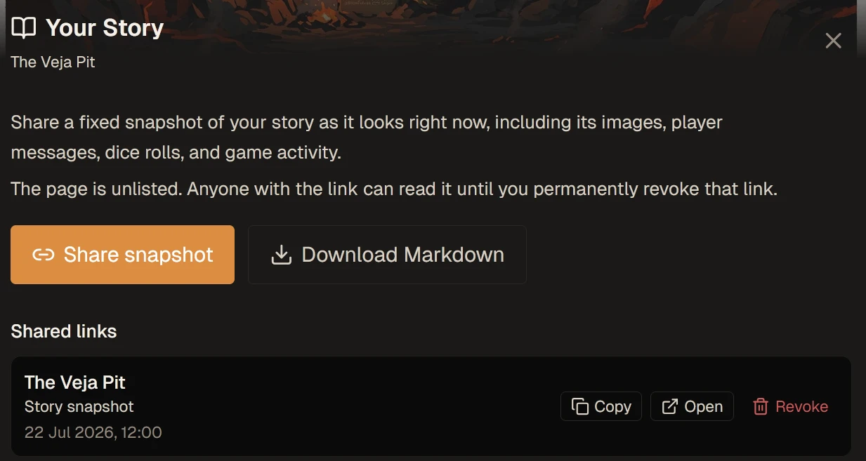 The Your Story screen with Share snapshot and shared-link controls
