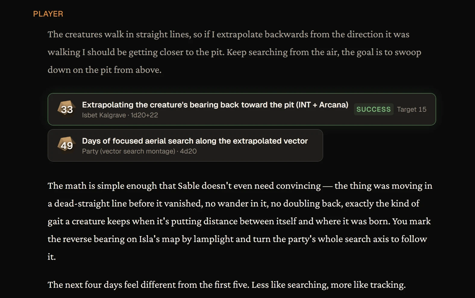 A player message, two visible dice rolls, and the game master's response in a shared story