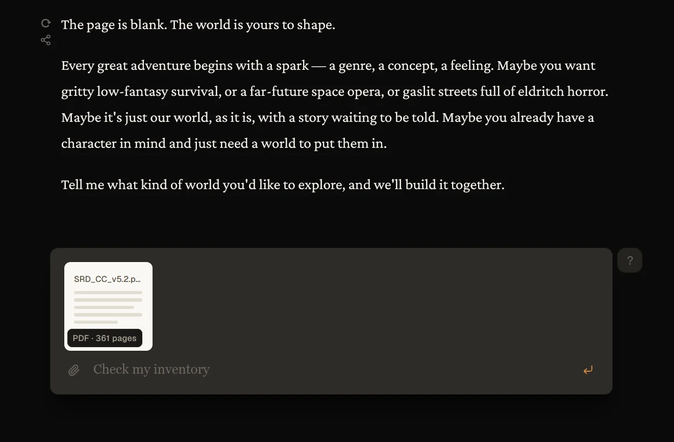 The opening of a New World game with a rulebook PDF attached to the message composer