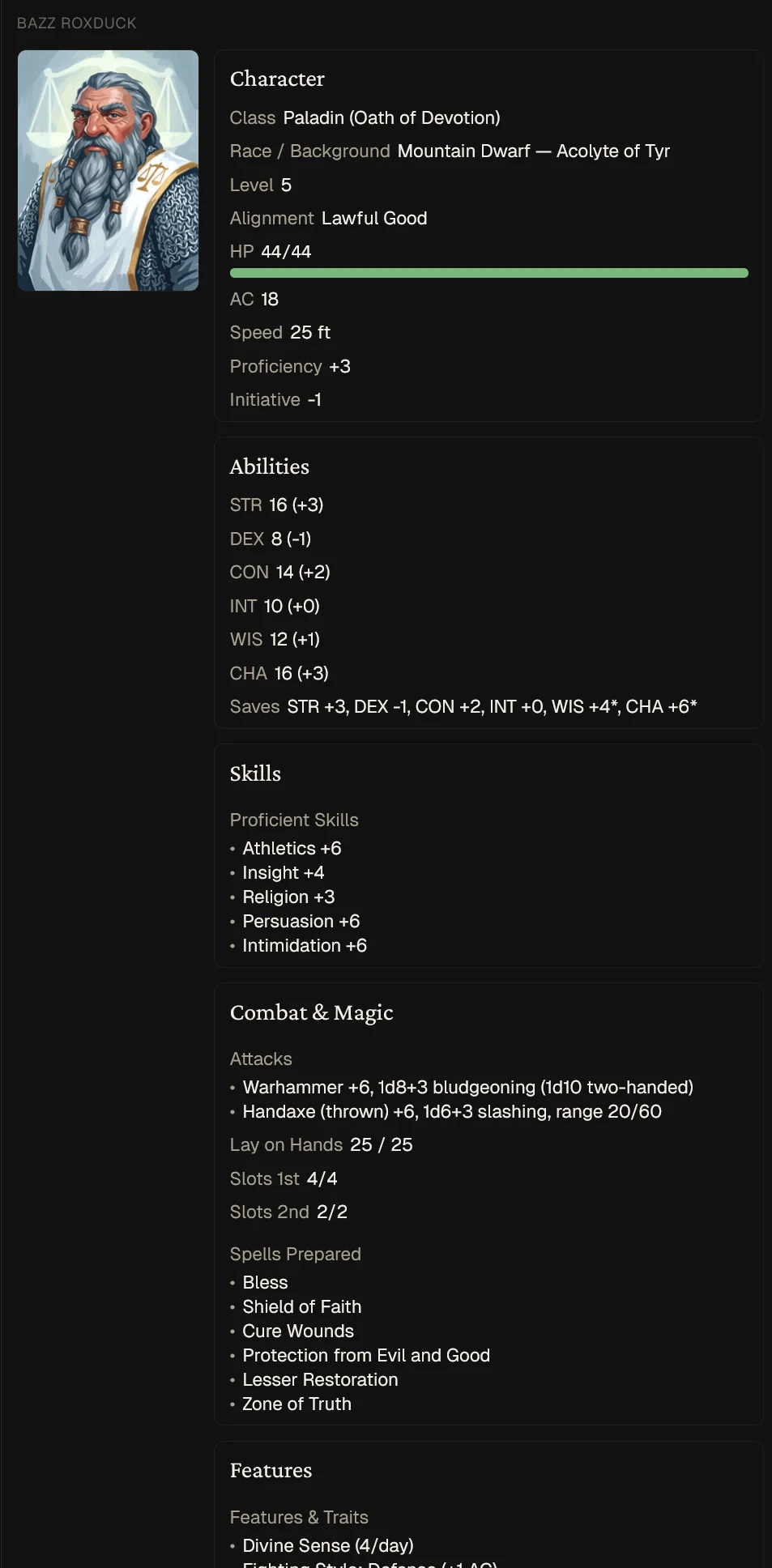 A character sheet built from the uploaded rulebook: class, abilities, skills, spells, and combat stats in the system's own terms