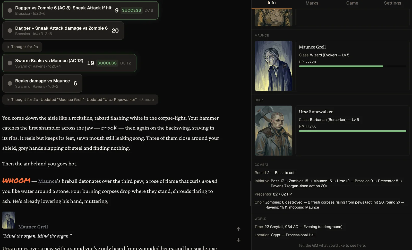 Dice rolls resolving against the system's numbers during combat, beside a live tracker of the party, initiative order, and hit points