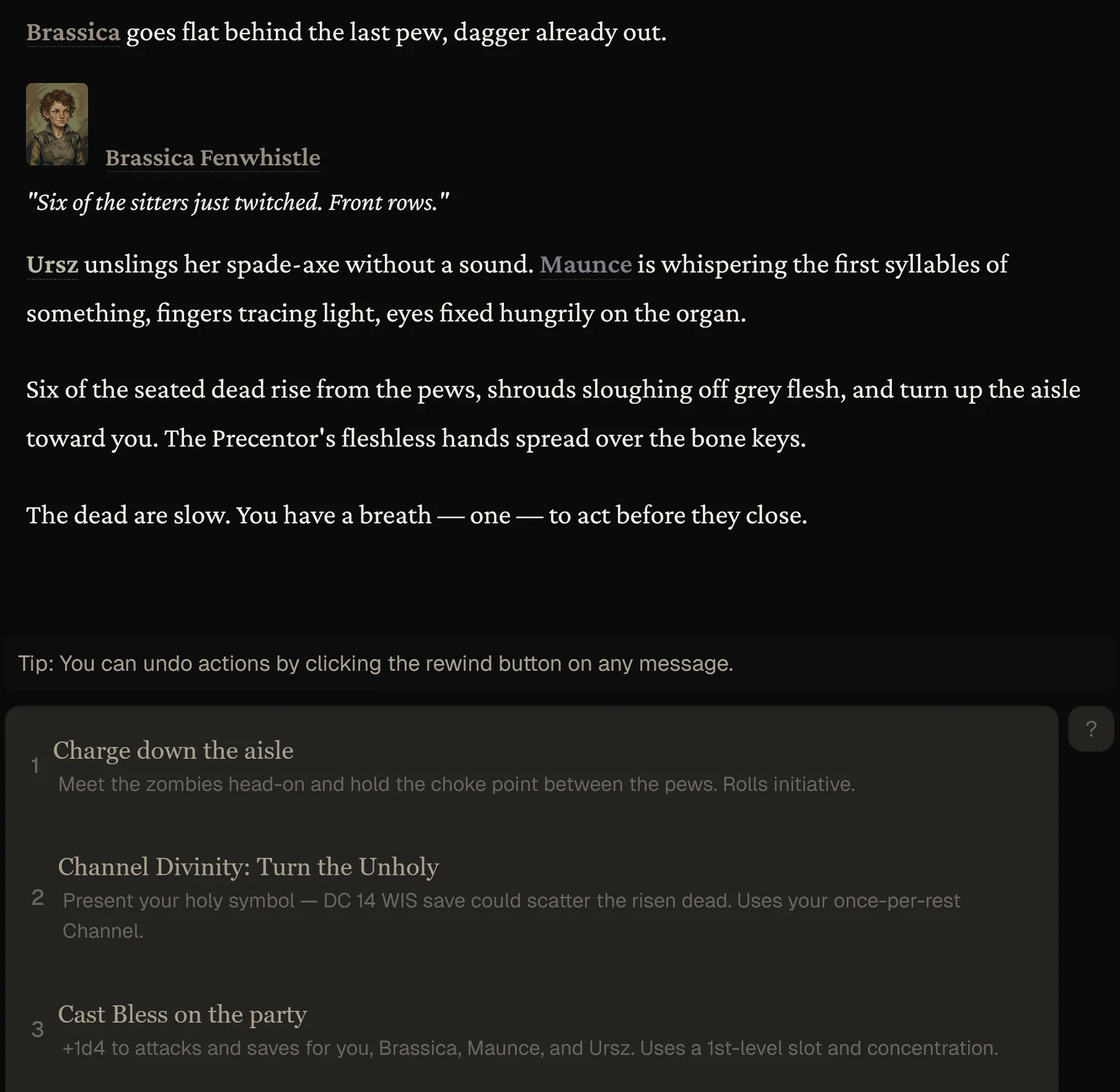A combat scene where the game master offers choices drawn from the system's own abilities and rules